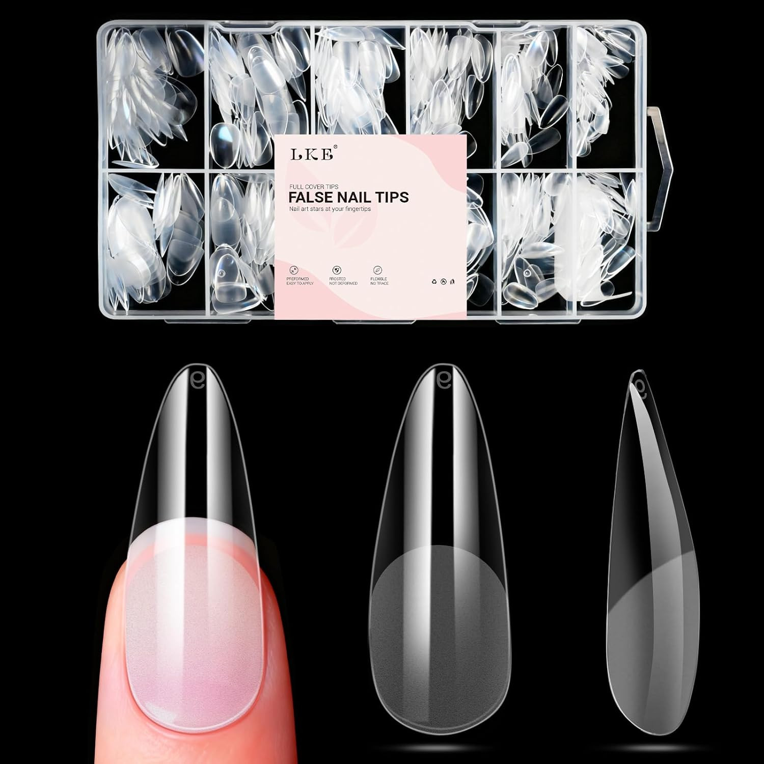 Long Almond Nail Tips: 240PCS Soft Gel Nail Tips Pre Etched Fake Nails, 12 Sizes