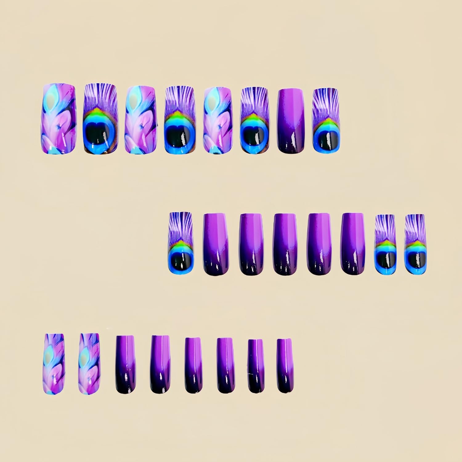 24Pcs Purple Peacock Feather Pattern Design Acrylic Ballet Shaped Glitter Nai…
