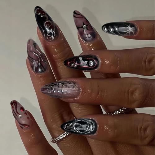 Goth Red Black Press on Nails Almond Medium Acrylic Fake Nails 04-Black Red