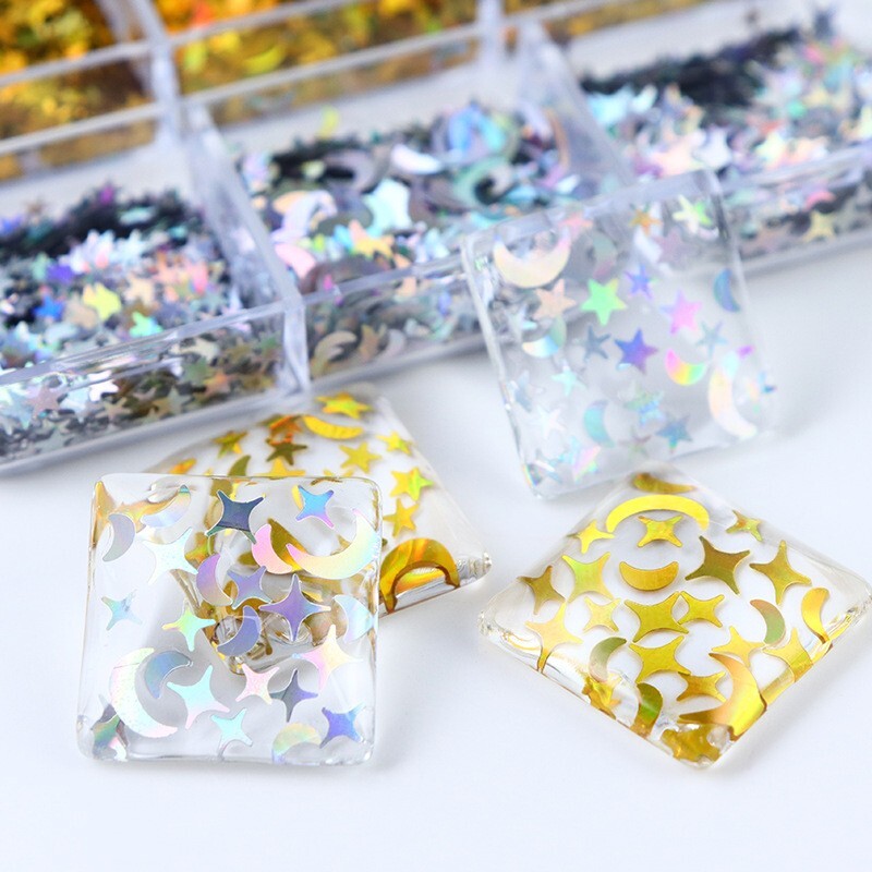 6 Grids Nail Art Sequins Glitter Star Moon Flakes Decoration Set for Nail Tips