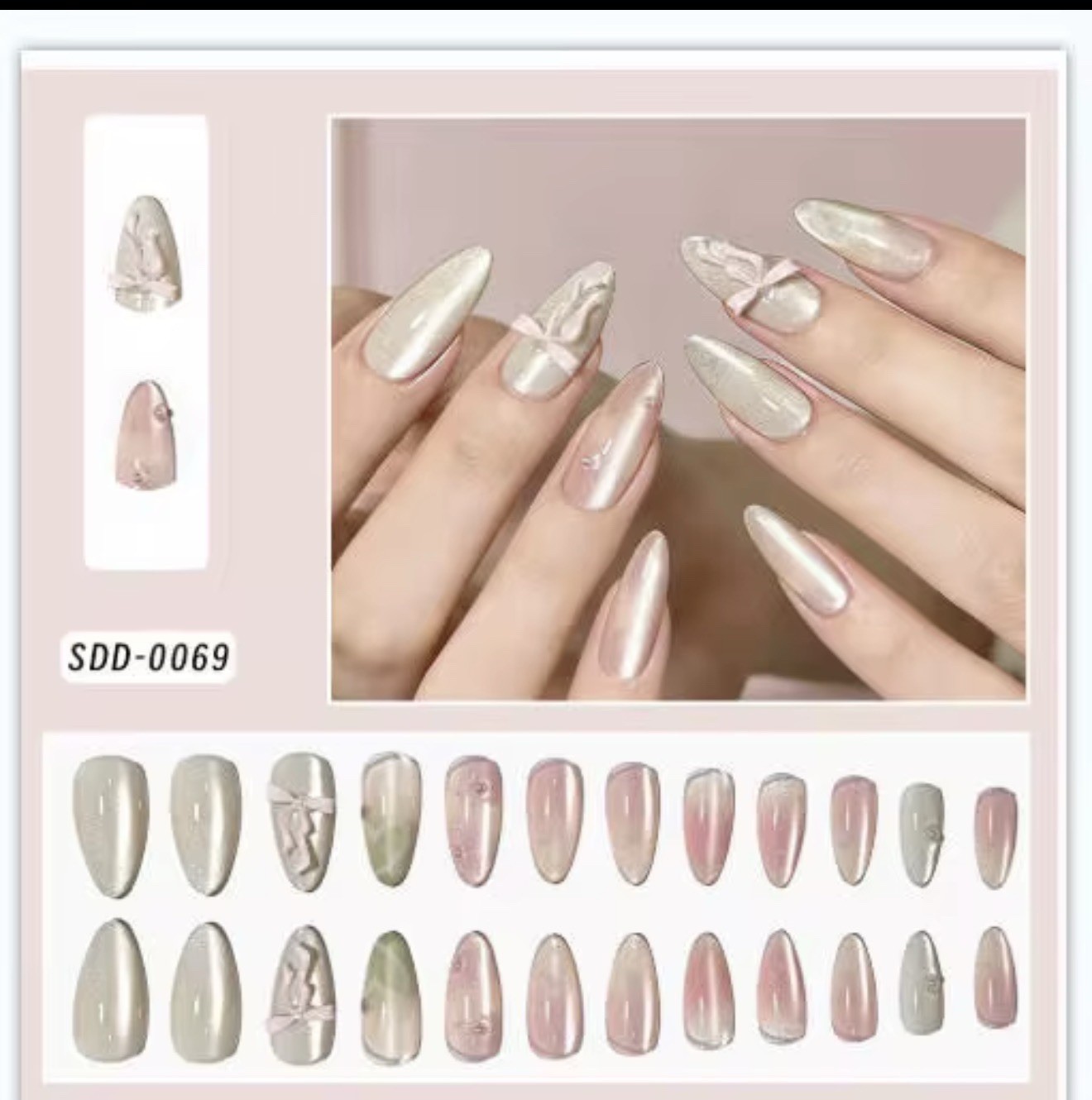 24Pcs 3D Press-On Nails Set (Bows, Rhinestones, Shells & Floral Designs) – Reus