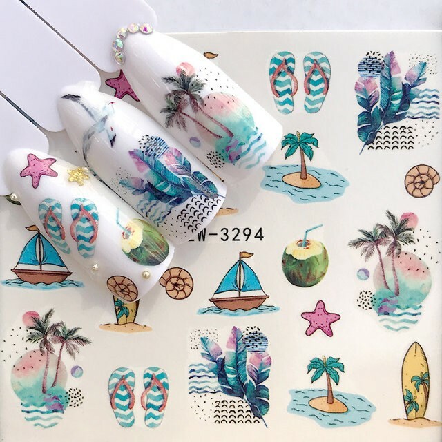 Nail Art Water Transfer Sticker Palm Tree Beach Summer Coconut Tree Decals DIY