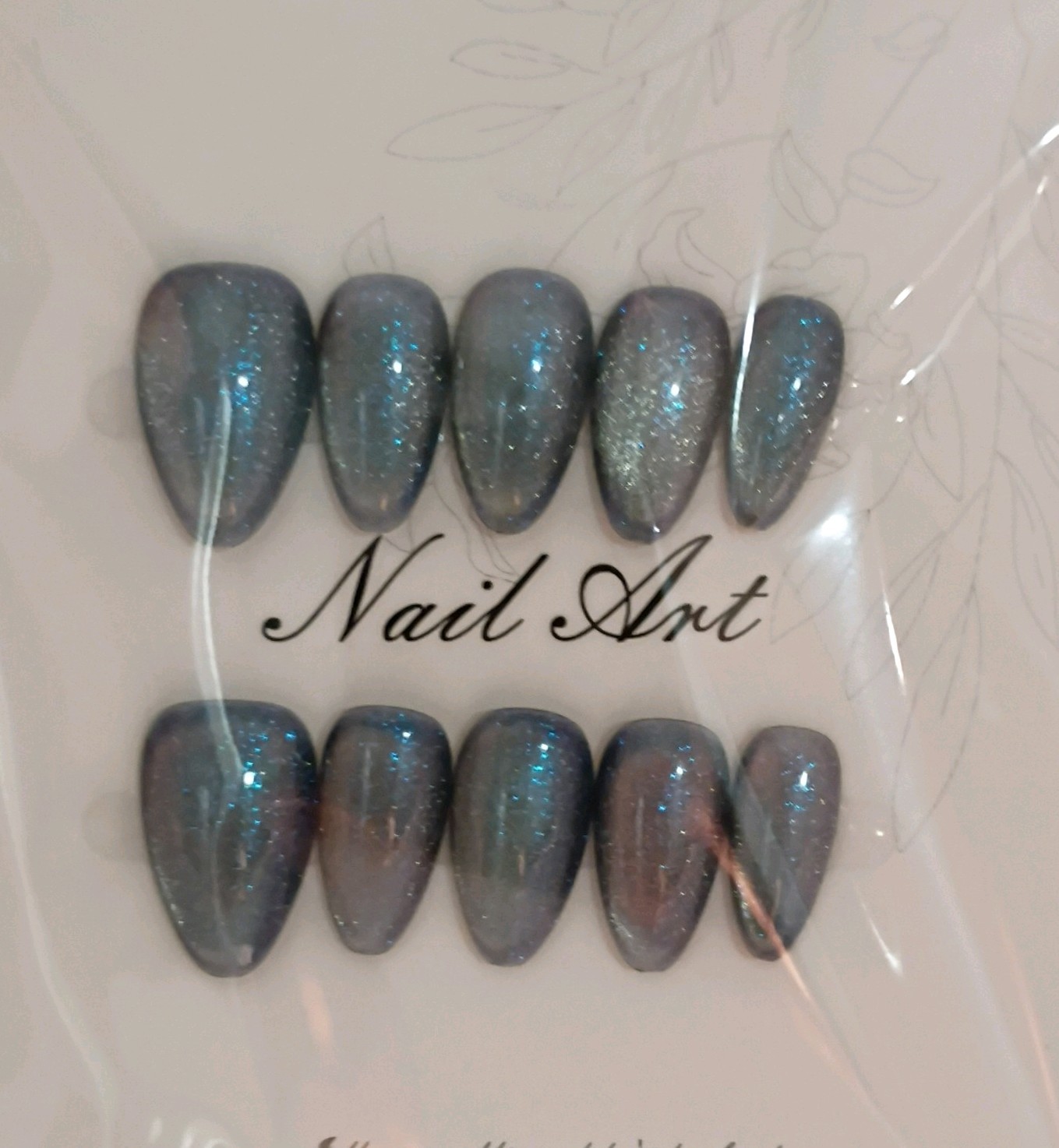 Press-On Nails Gray Blue Glitter Cat Eye Short Almond, Size M