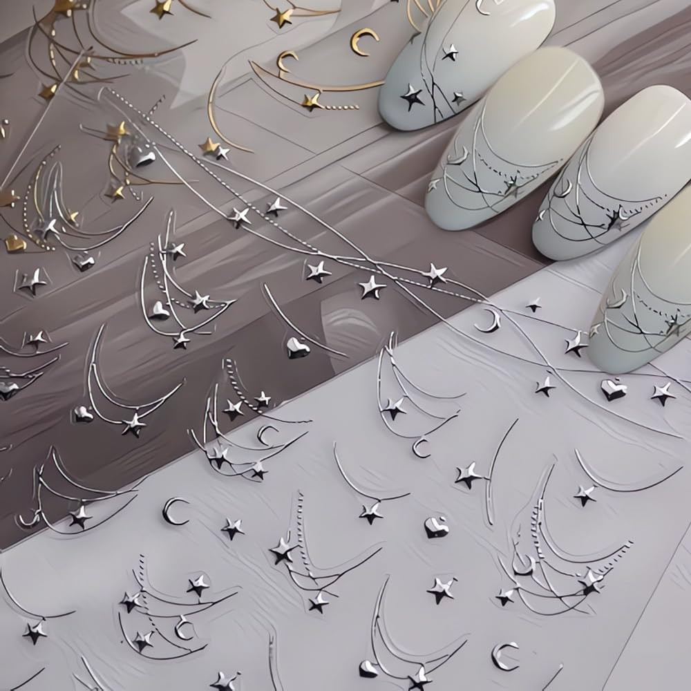 1 Sheet Star Nail Art Stickers 3D Self-Adhesive Silver Nail Decals Silver Star N
