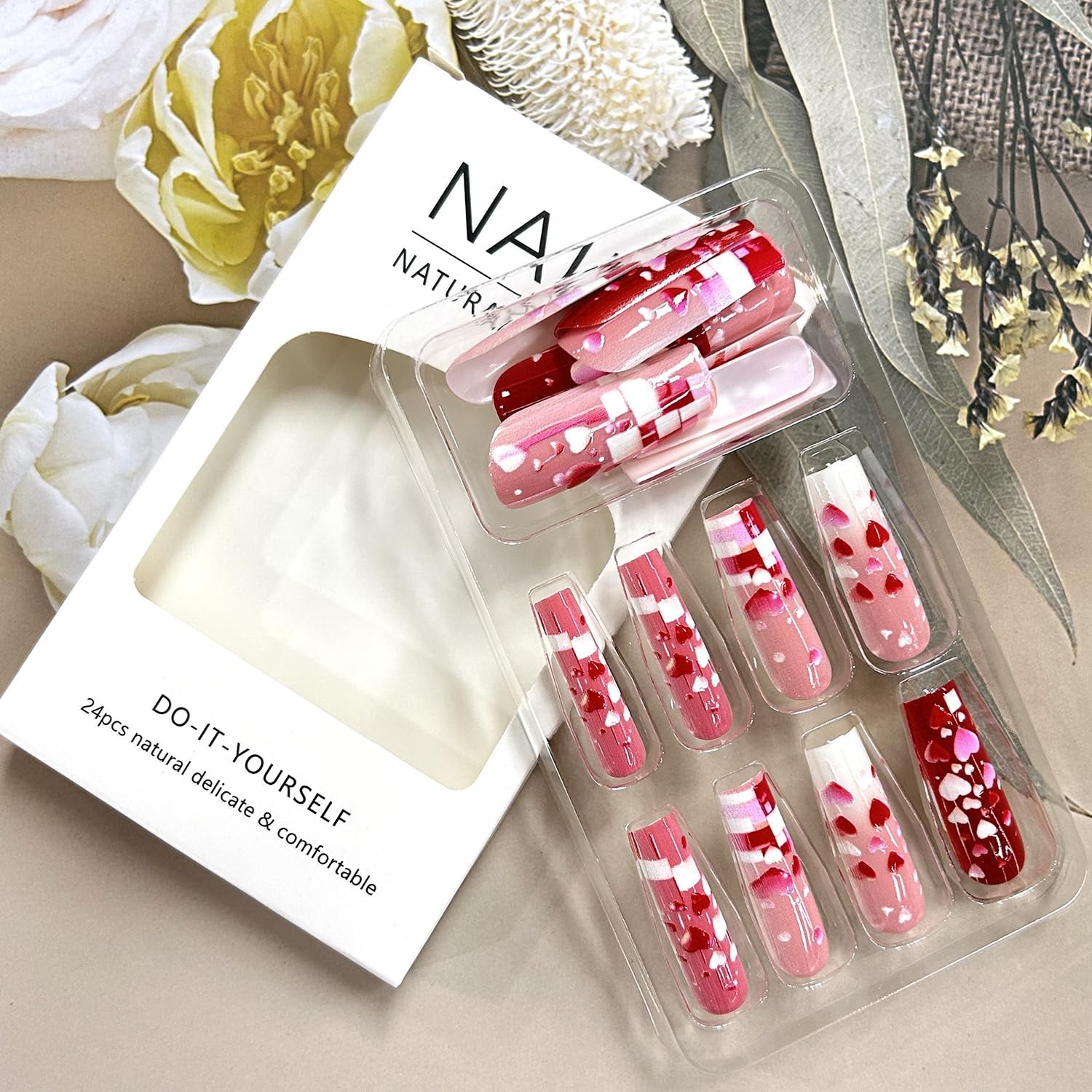 Valentines Press On Nails Long Coffin 3D Pink Red Heart Glossy Set