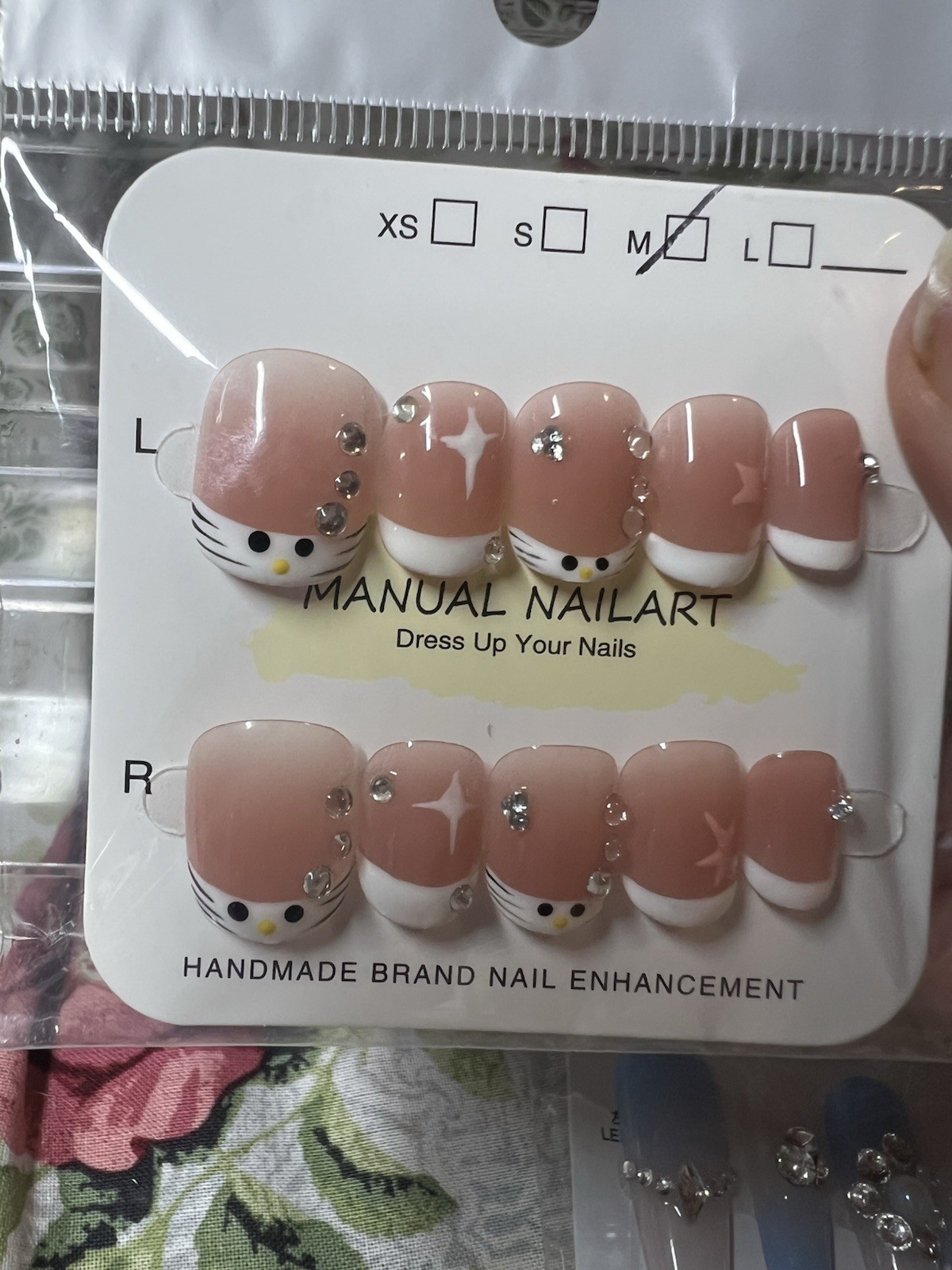 Manual Nailart Press-On Nails Medium Square Pink White French 3D Cat Full Cover