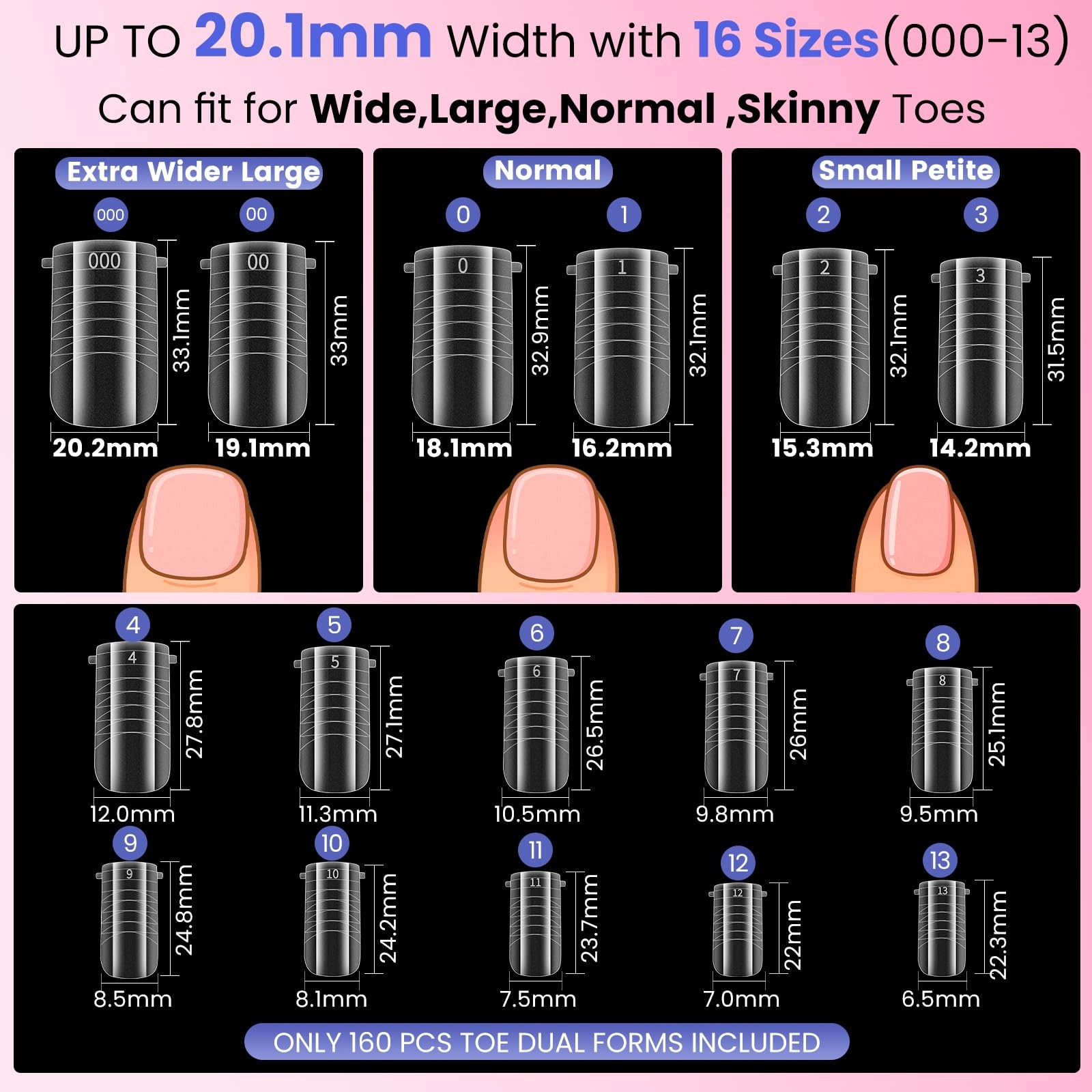 160 Pcs Square Toe Dual Forms Pre-etched for Poly Gel,16 Sizes