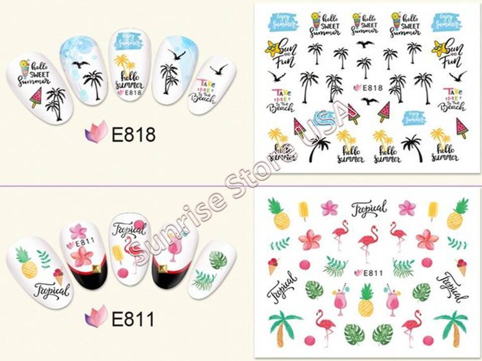 11 Design 3D Nail Art Sticker Summer Palm Tree Flamingo Bird Fruit Flower Decals