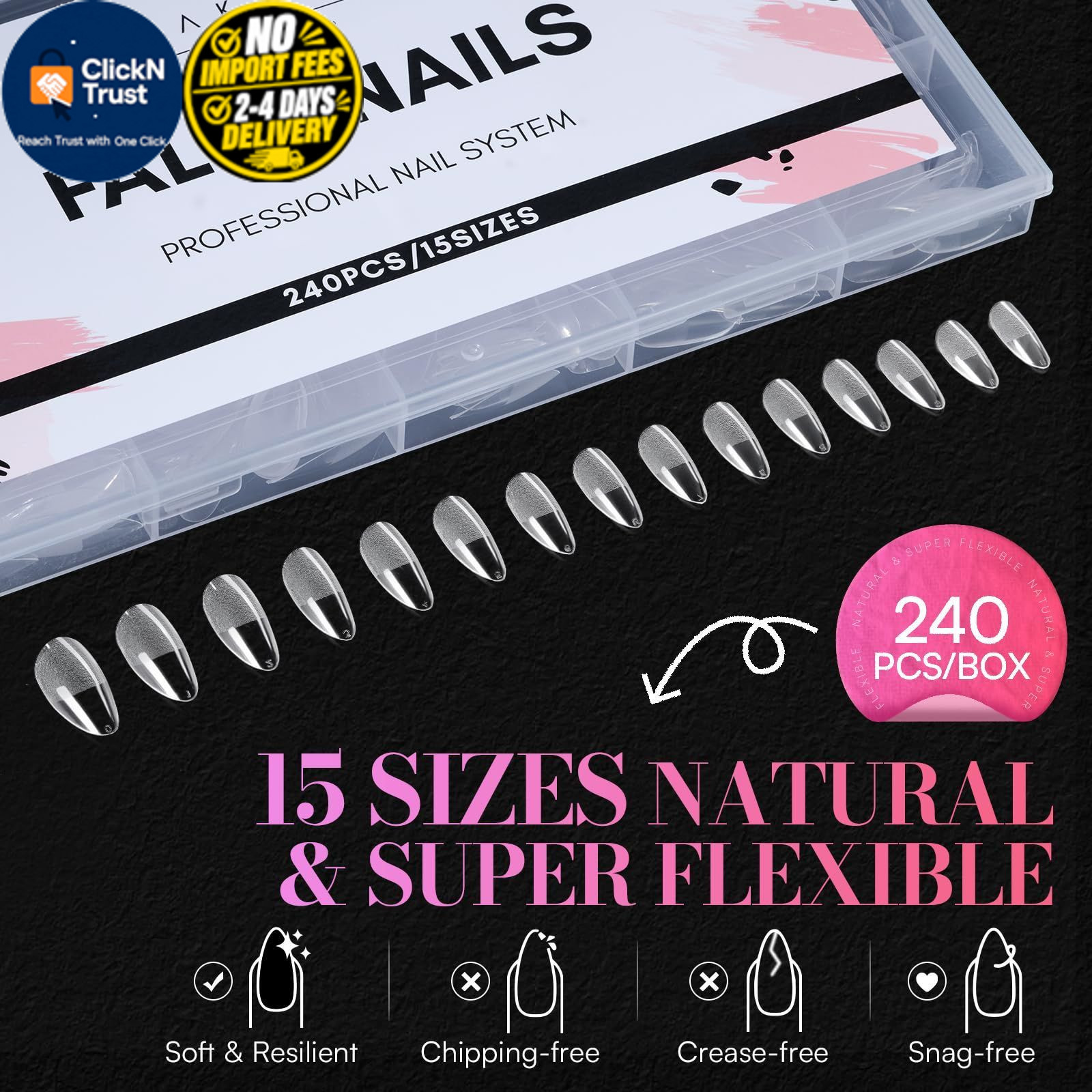 Makartt Medium Almond Nail Tips: 240PCS, 15 Sizes, Half Medium-Long, Clear