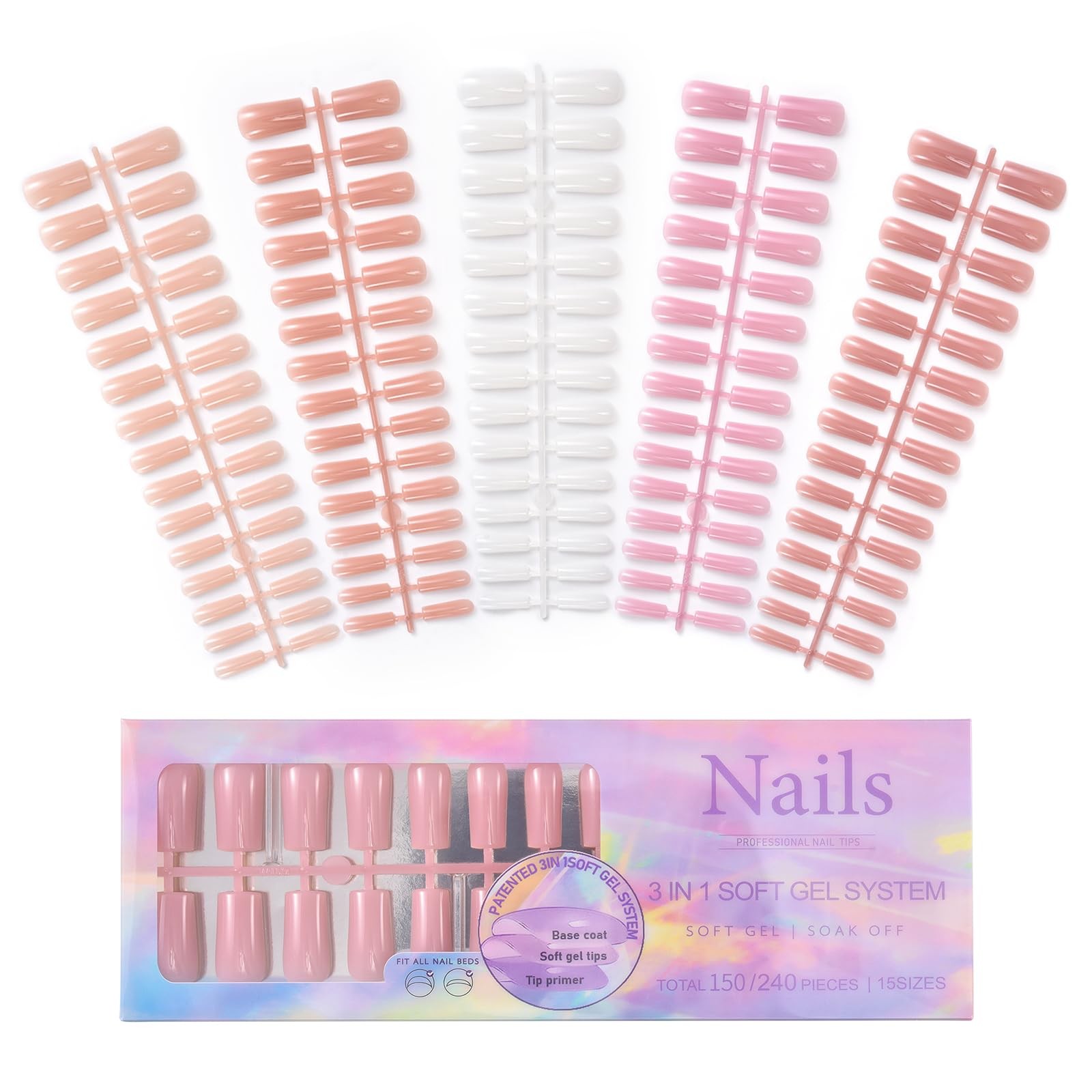 150Pcs Press on Nails French Tip Gel Nails Skin Color Fake Nail Tips Soft Gel…
