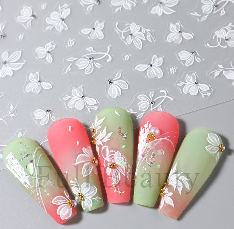 5D Embossed White Sakura Daisy Camellia Flowers Decal Nail Stickers Slider NS52