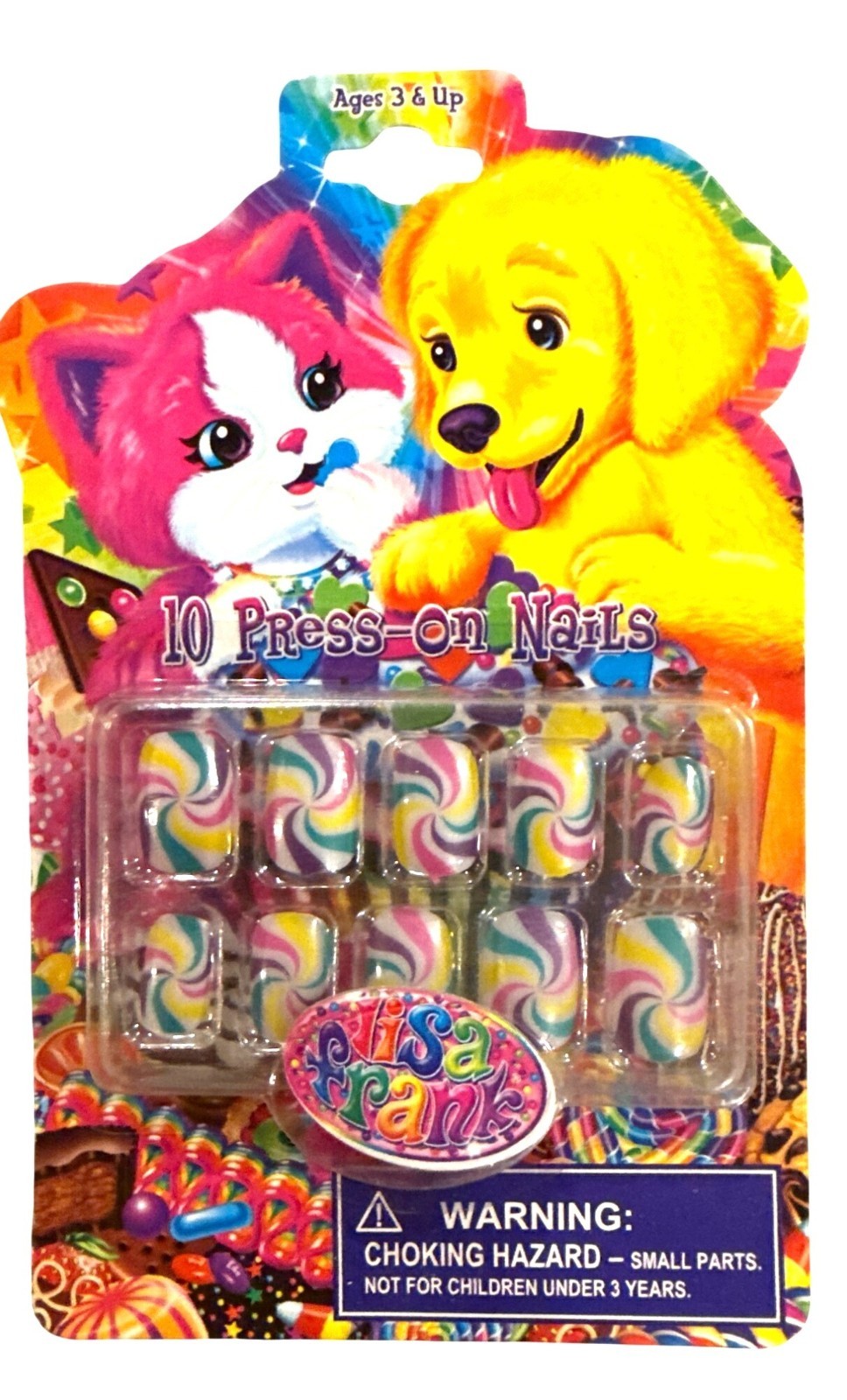 LISA FRANK 10 Press-On Nails Short SQUARE Glossy Blue+Green+Yellow+Pink SWIRL 3+
