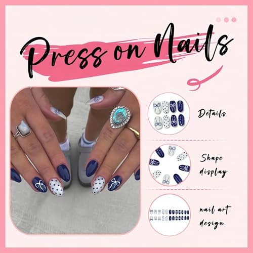 Press on Nails Short Almond Full Cover French Tips Fake Nails with dot and bow