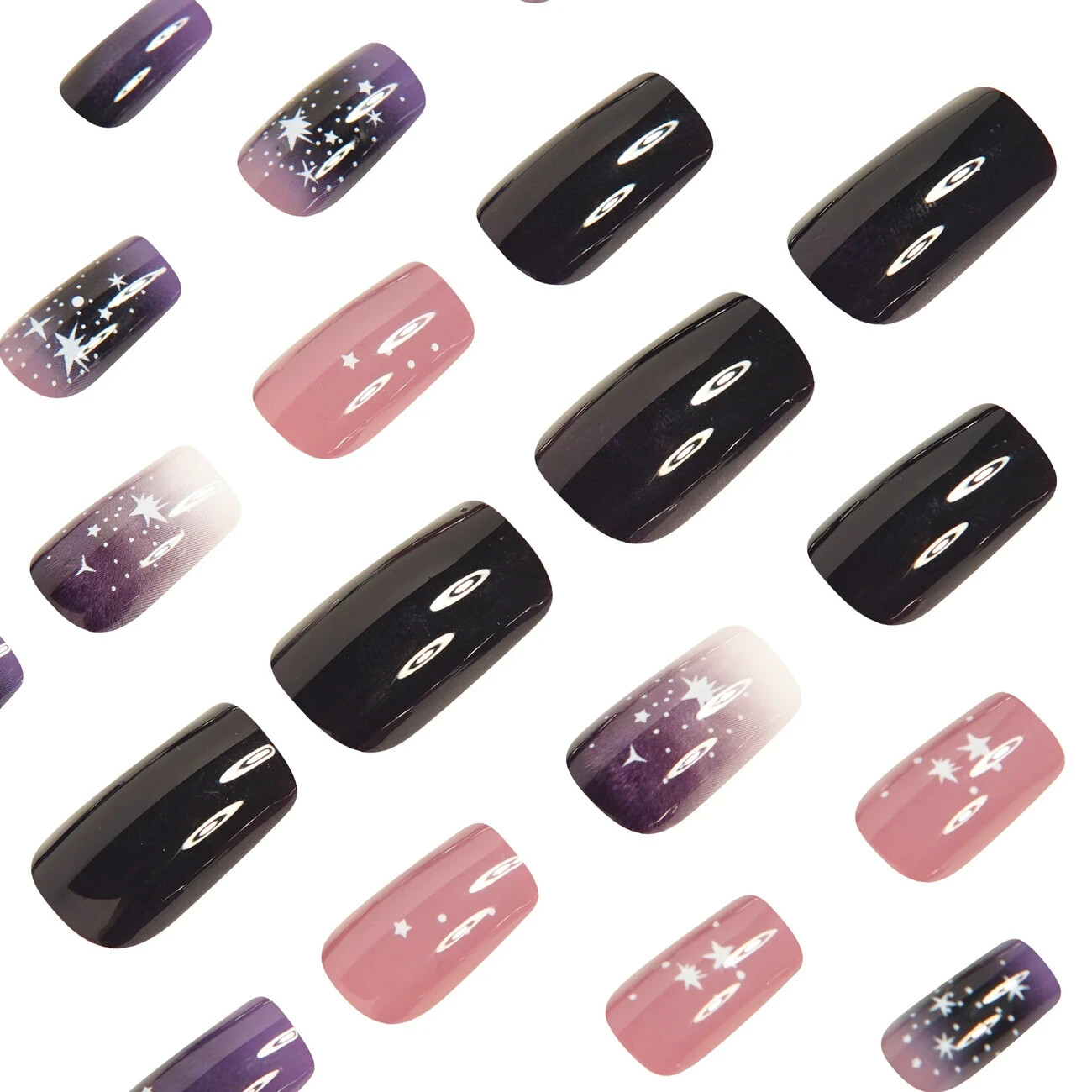 24pcs Purple Square Press-On Nails, Medium Length, Glossy, Starry Night, Galaxy