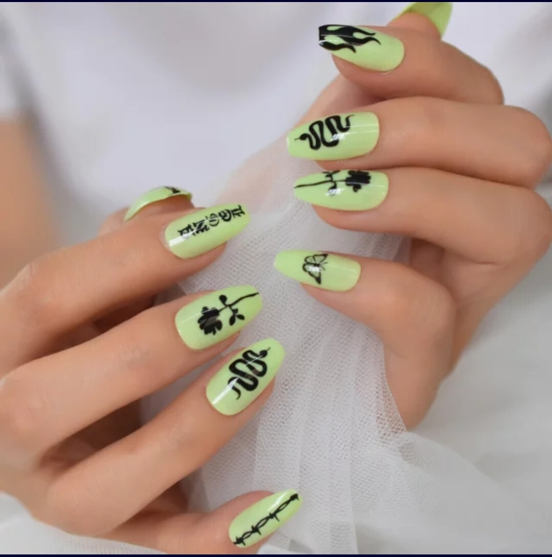 24 Medium Press on nails kit w glue Neon Green tattoo snake design goth