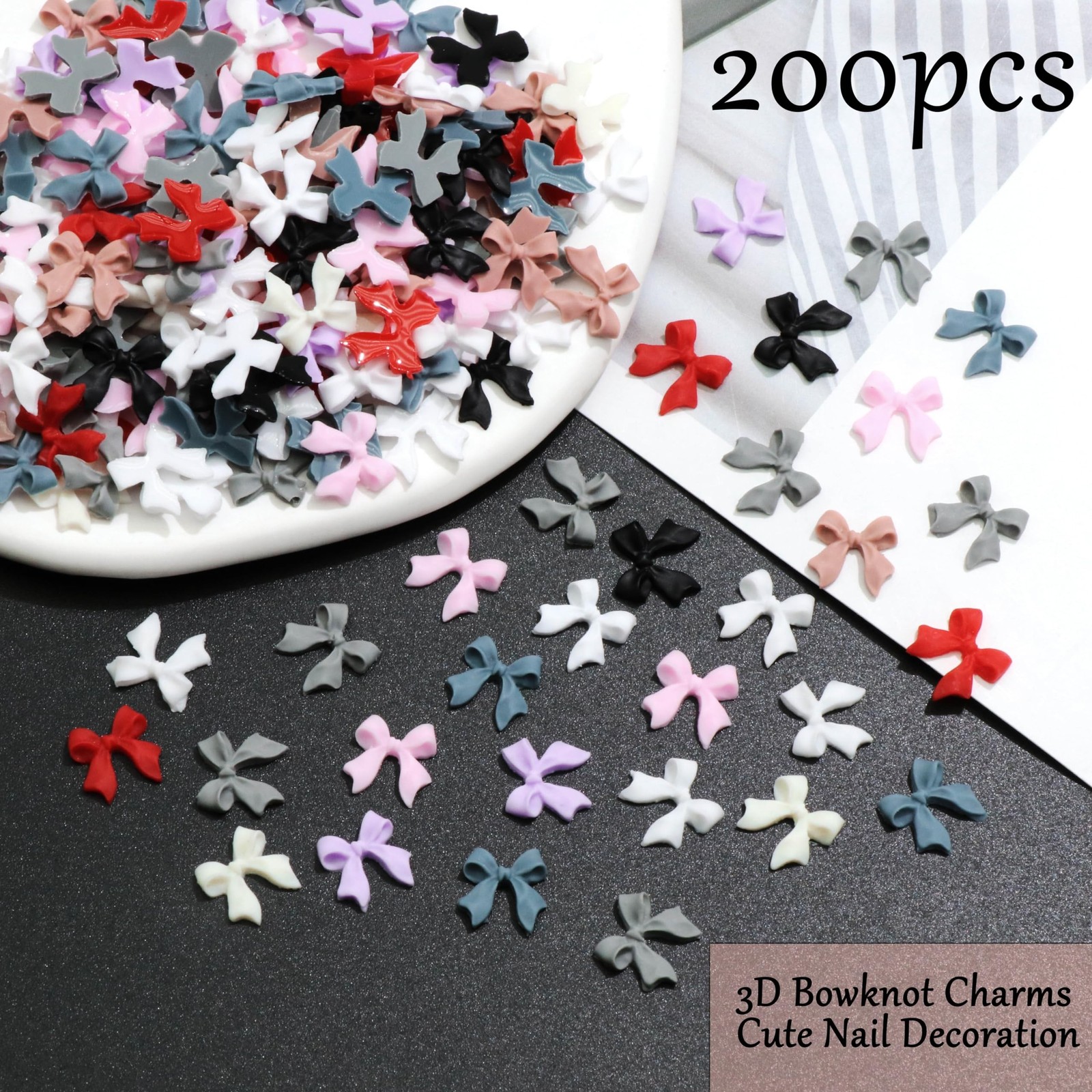 200PCS 3D Bow Nail Charms Colorful Resin Flatback Bowknots for Nail Art NEW