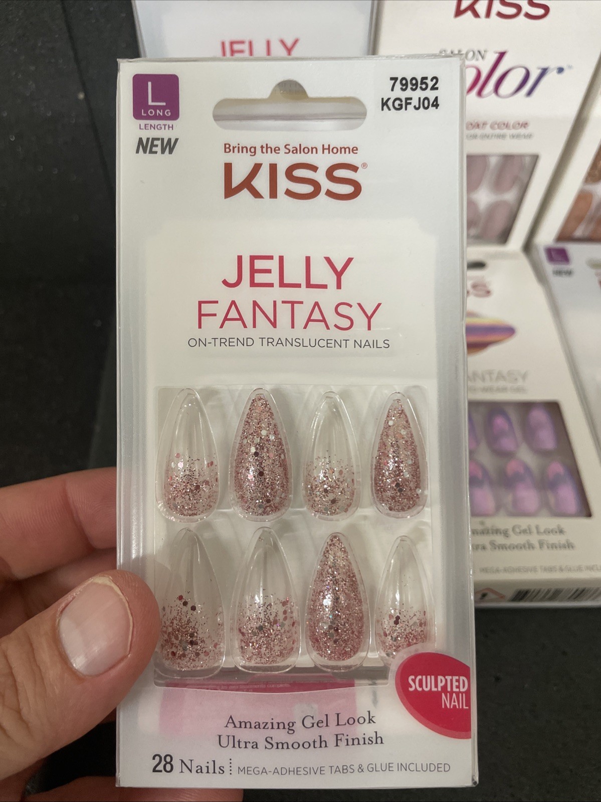 6 Kiss Glue-On Nails Lot Jelly Fantasy, Gel Fantasy, Glam Fantasy Long Med.
