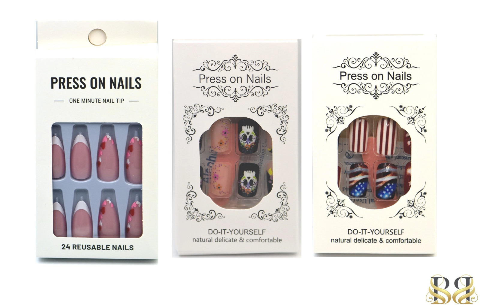 Set of Press-On Valentines Day,Dead-Themed,4-th July American Flag Nail