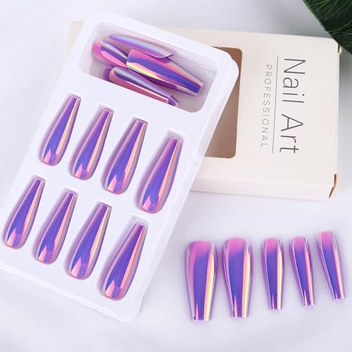 Chrome Press on Nails Purple Fluorescent Coffin False Nails Laser Chrome-13