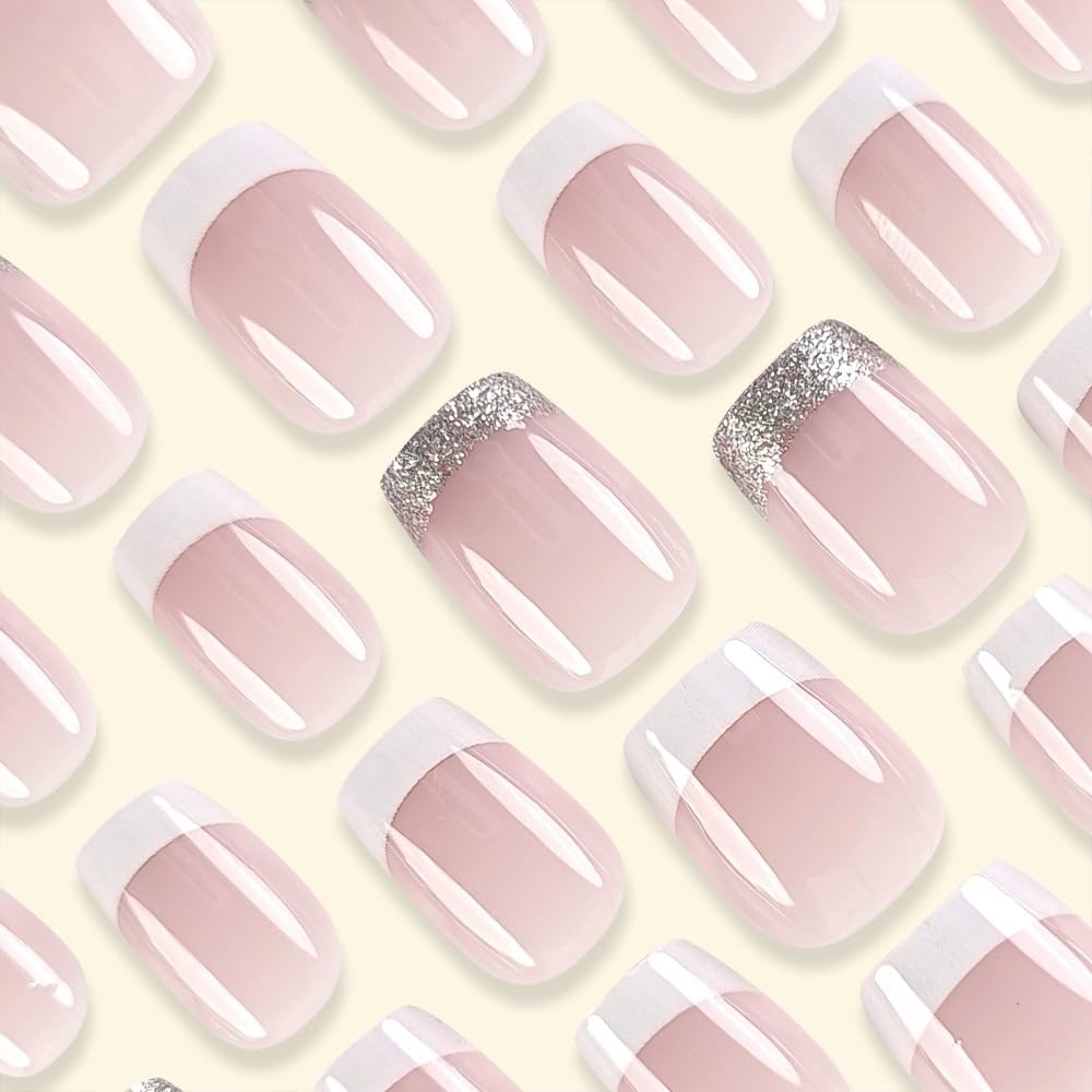 24Pcs White French Tip Press on Nails Short Square 1 Fl Oz (Pack of 1), W5