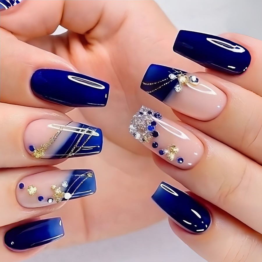 24pcs Medium Ballet Nails Purple Blue Floral with Mushroom Sea Plant Design