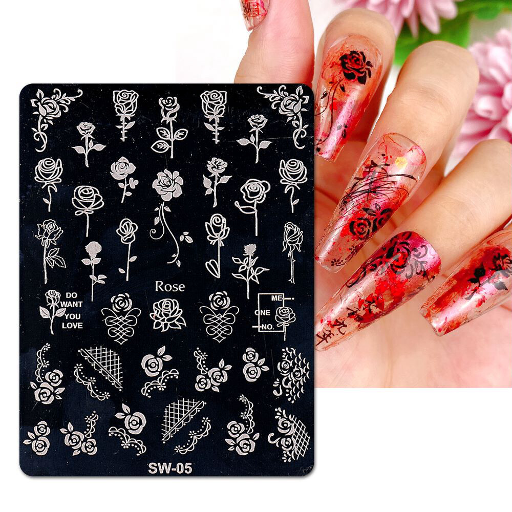 Rose Branch Nail Art Stamping Plates Lace Flower Branches Metal Nail Template