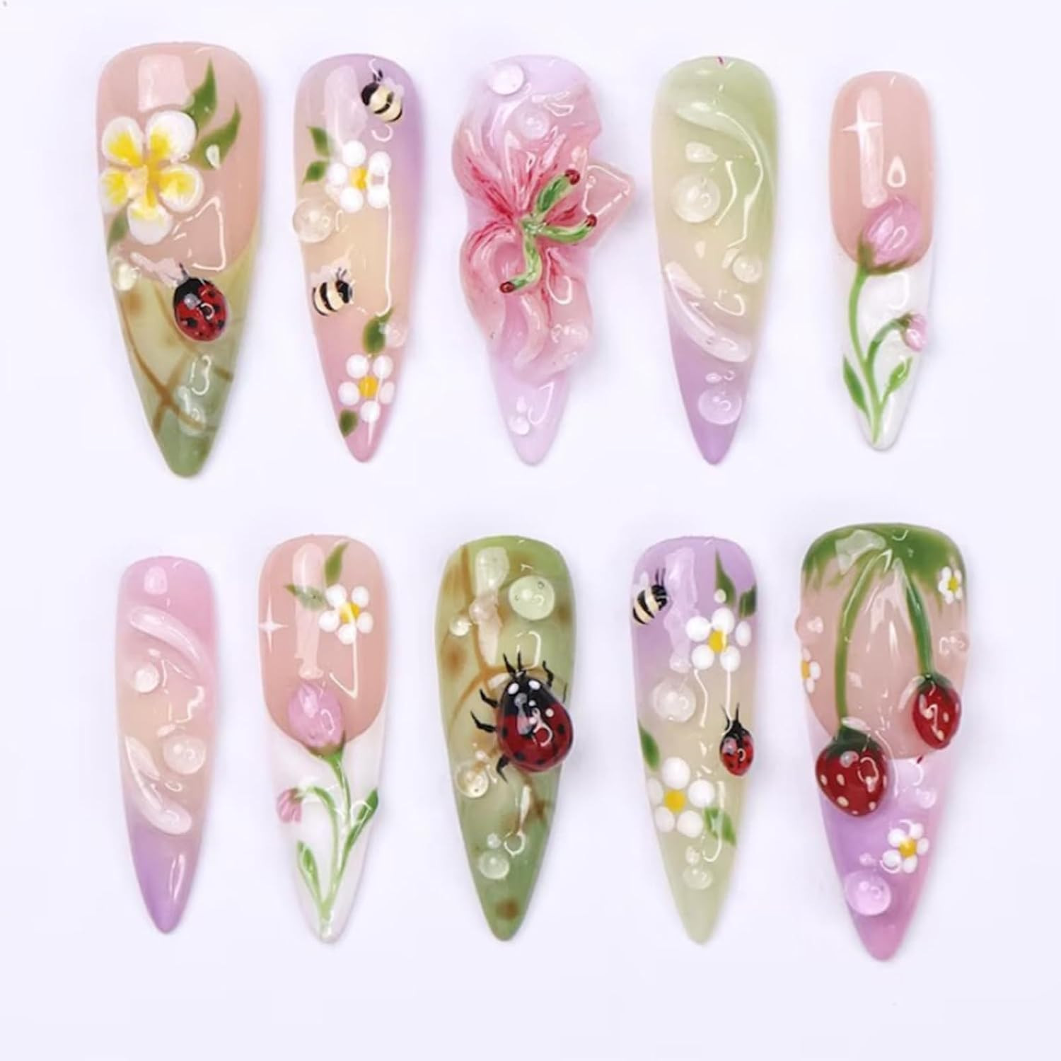 30Pcs Handmade Press on Nails Short Almond Shape Glue on Nails 3D Flower Pearl F