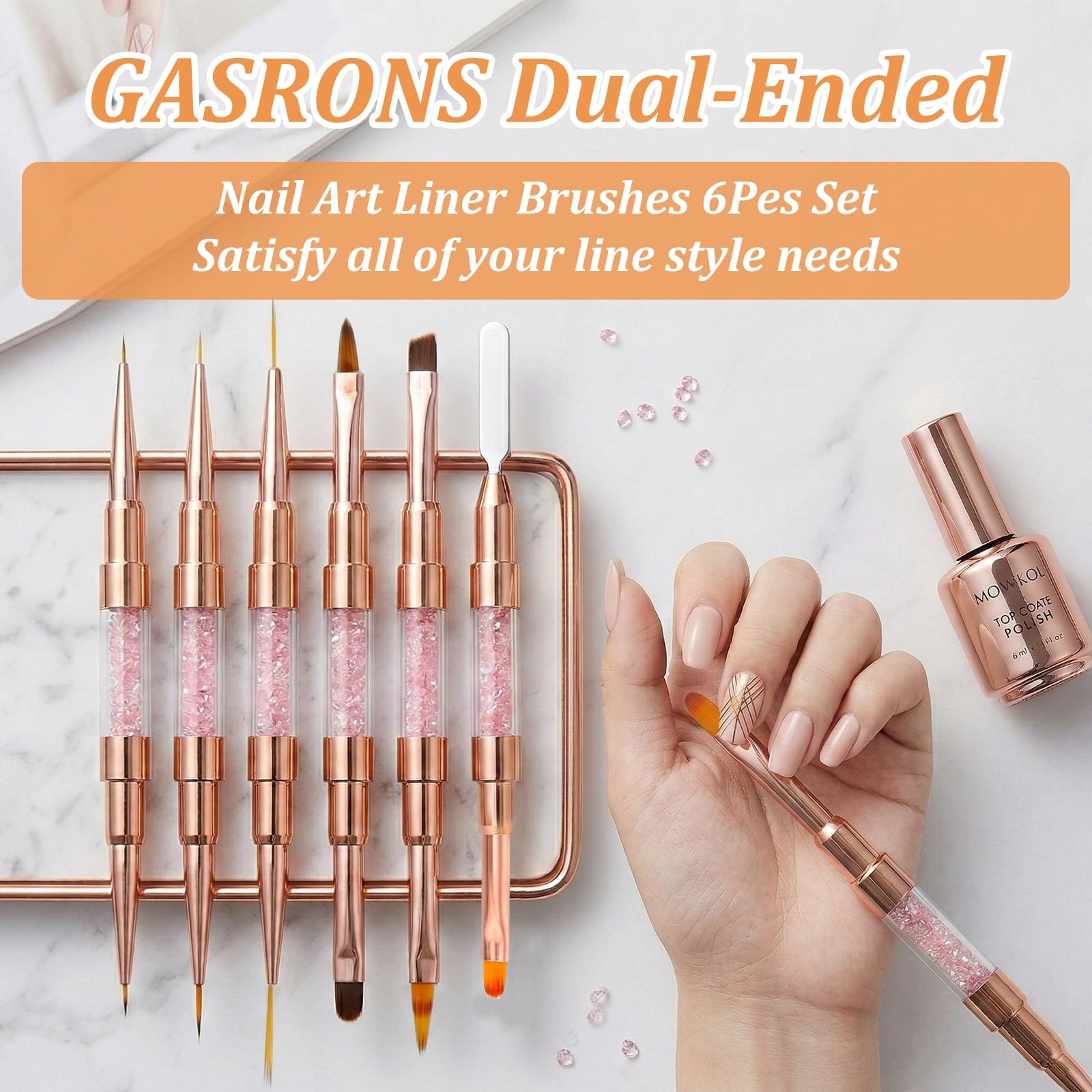 GASRONS Dual-Ended Nail Art Liner Brushes(6PCS) – 5/7/10/15/19mm White-6Pcs