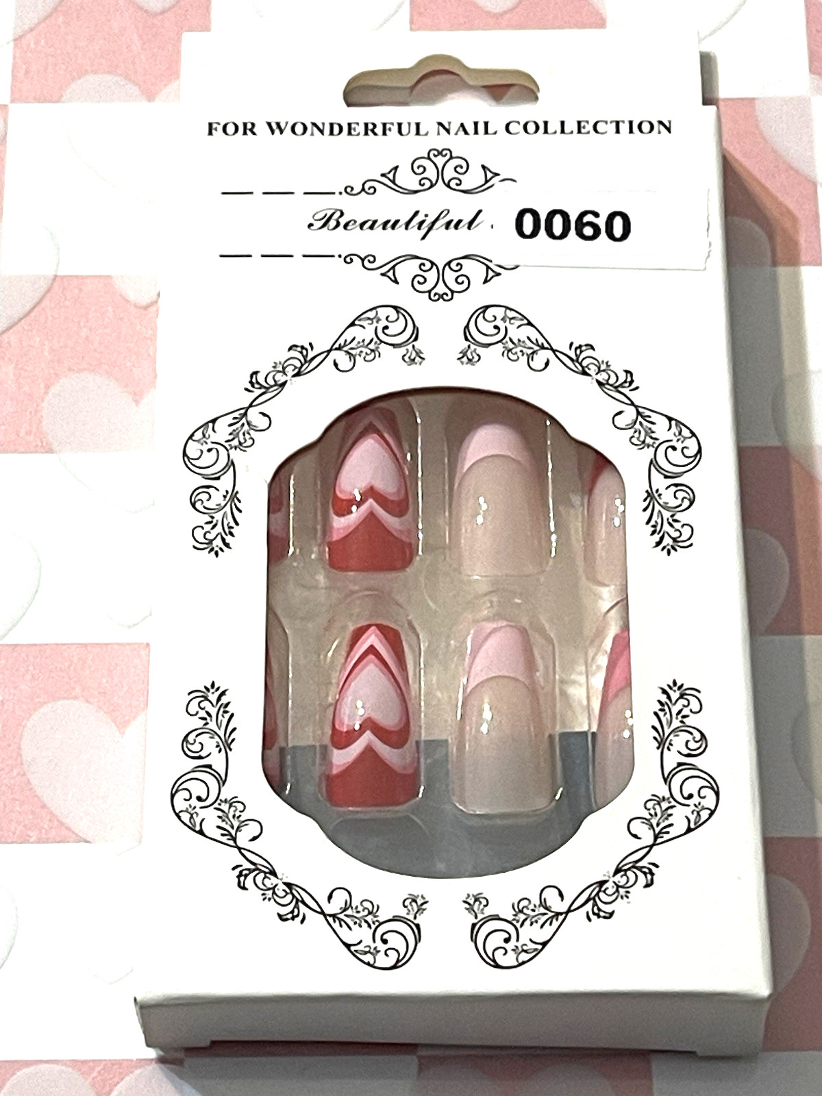 For Wonderful Nail Collection NUDE with PINK & RED FRENCH TIP & HEART DETAILS