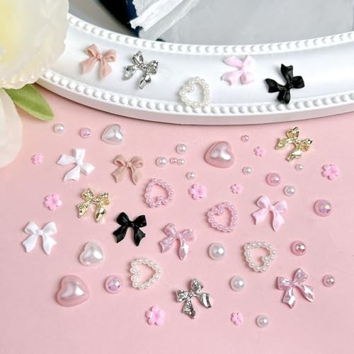 Gold Bow Nail Charms Kit, Cute Pink Flowers Bows 3D Nail Charms for Nails 01