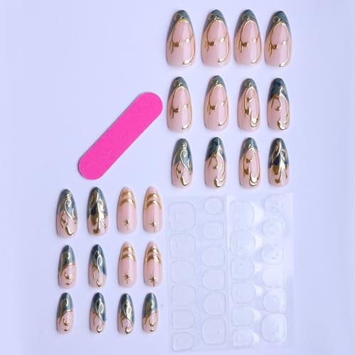 Teal Press on Nails with Silver Swirl Design Medium Almond Fake Nails color27