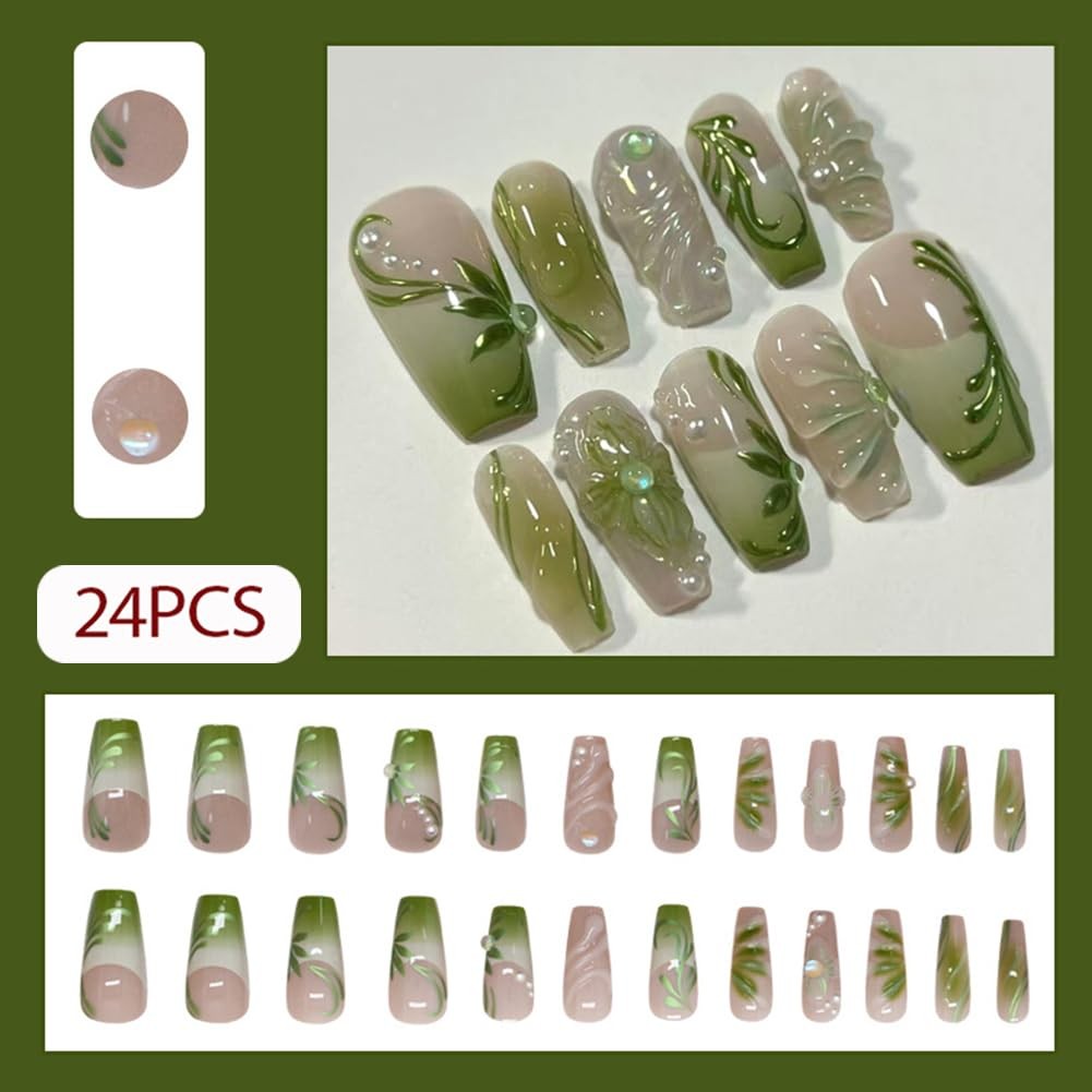 Nails Press on, Coffin Press on Nails Medium Girls Fake Nails with Green Vine…
