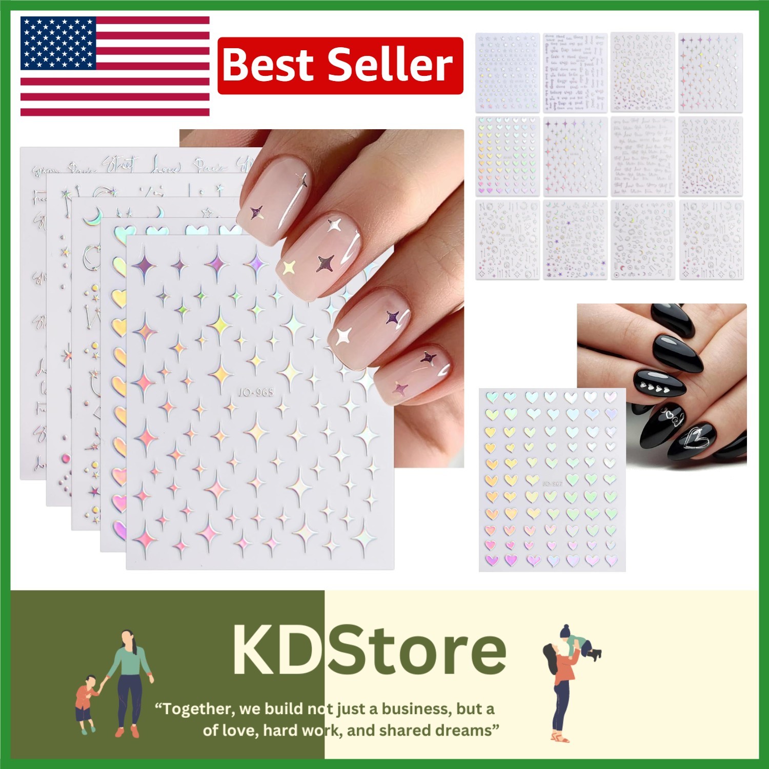 12 Sheets Nail Art Stickers Decals Glitter Holographic Star Heart Design Nails