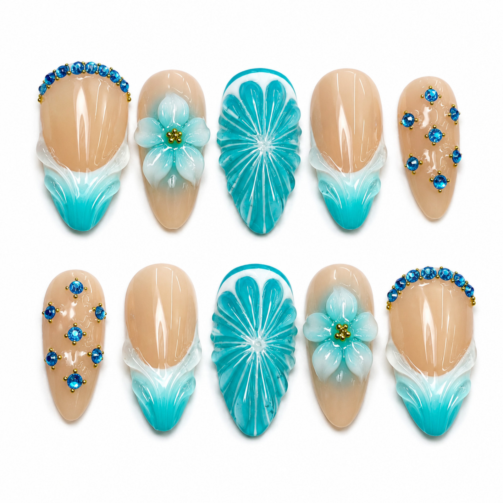 Handmade Nude Turquoise Floral Press On Nails 3D Rhinestone Set