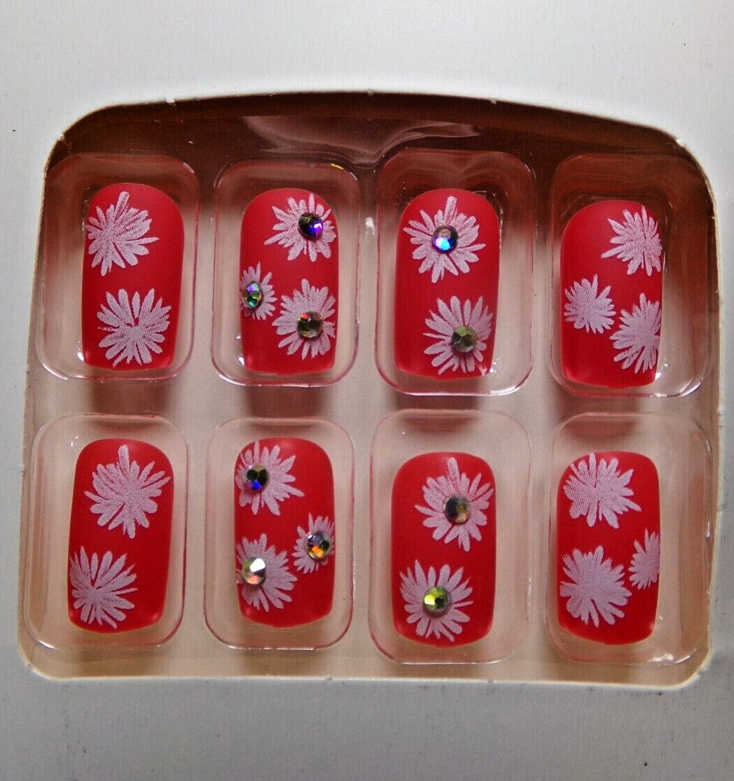 Do it yourself NAILS GLUE ON Matte Red with White Flowers & Gems Medium LENGTH