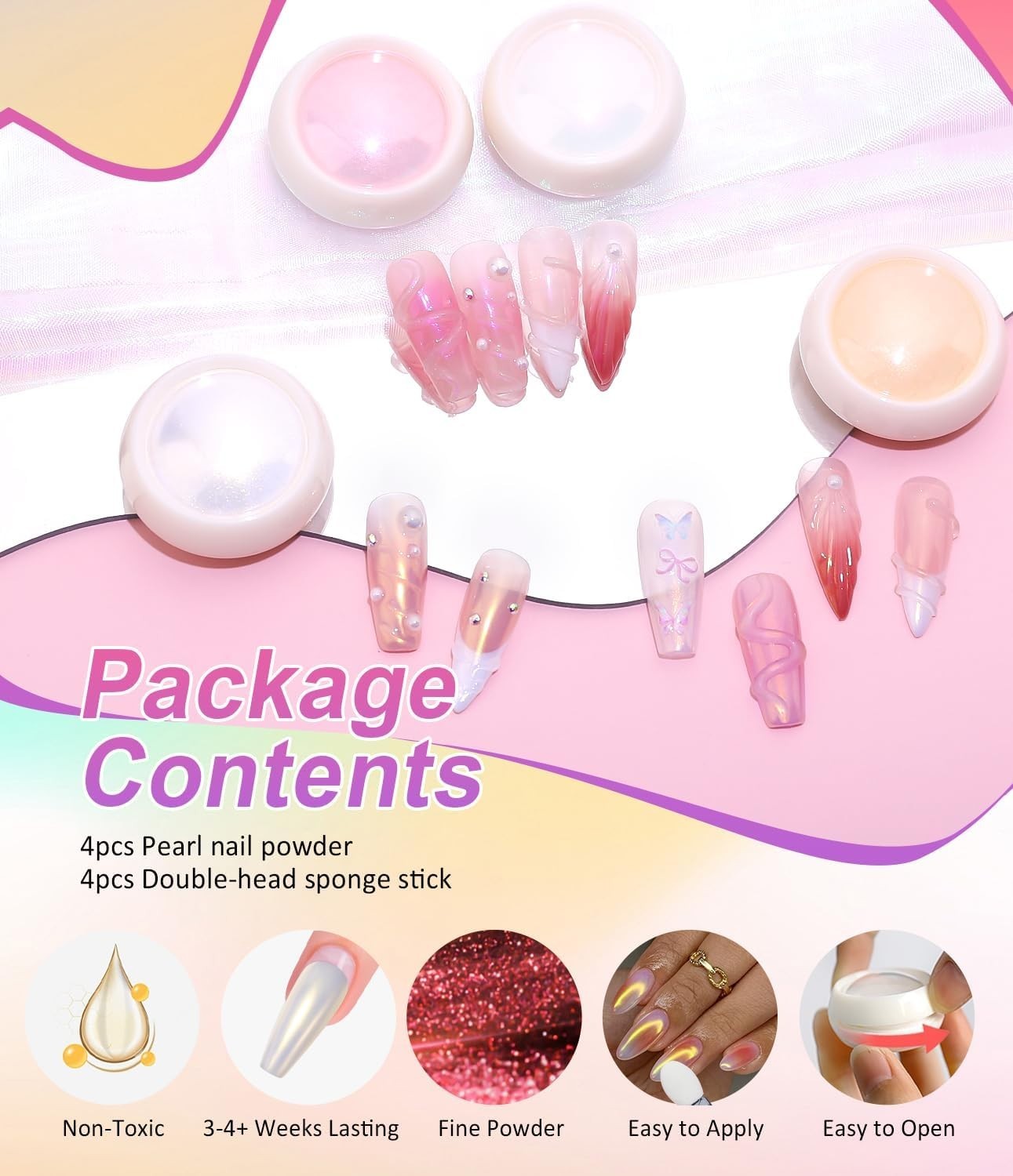 4-Piece Holographic Nail Powder Set with Pearlescent Shine for Glossy Nails