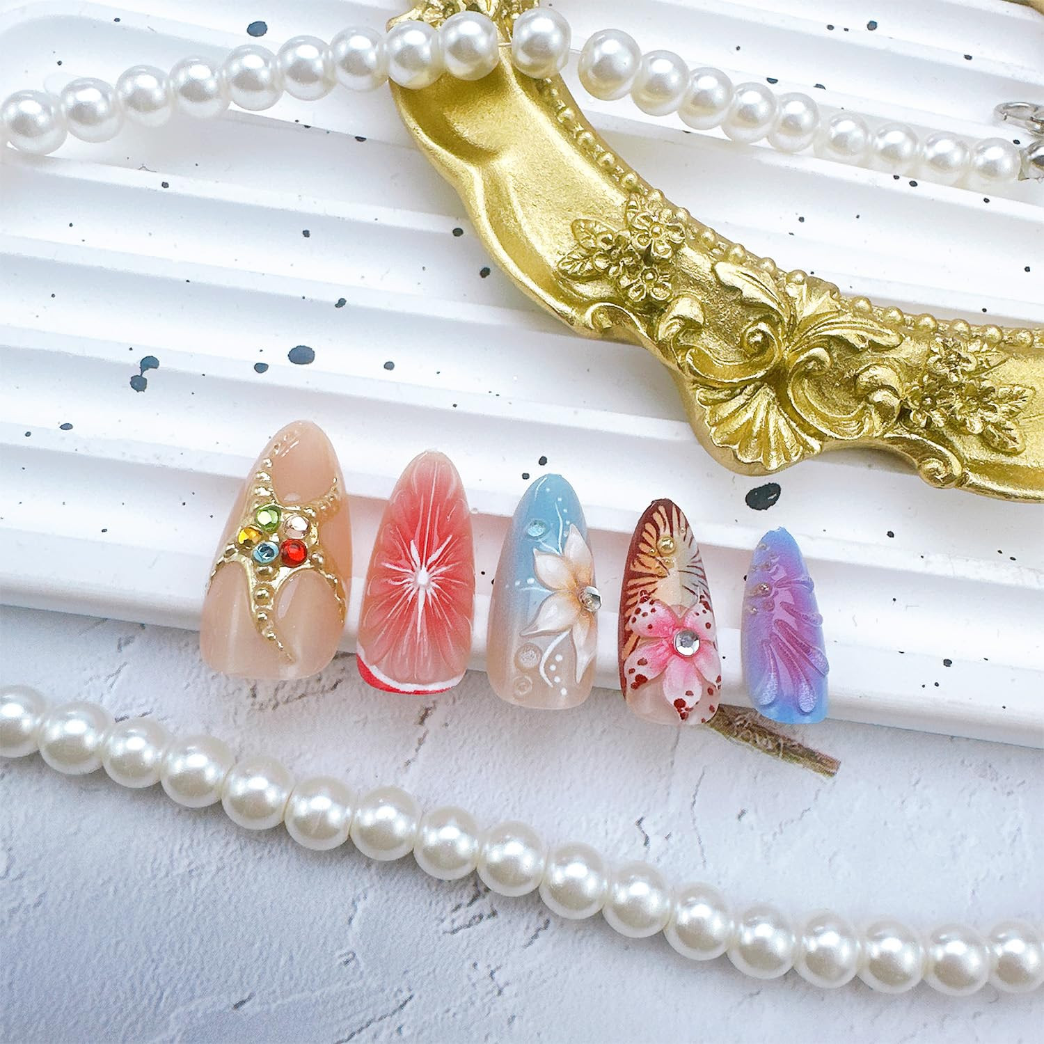 24Pcs Flower Press on Nails Medium Almond Fake Nails with 3D Floral Gold Beads C