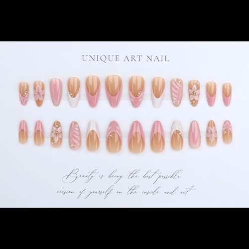 Medium Almond Press on Nails Flower Acrylic Fake Nails Press ons Design A01