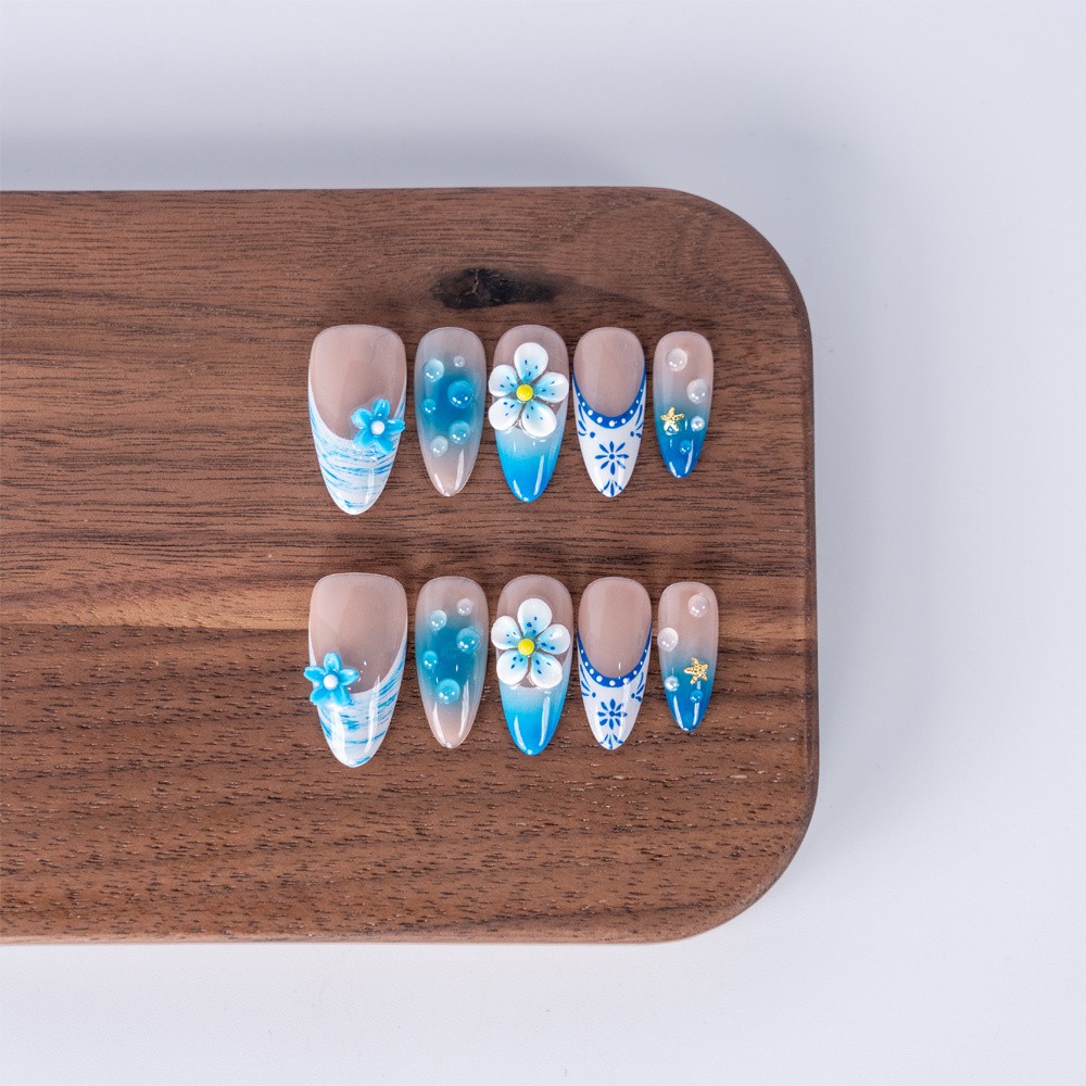 Elegant Handmade Blue Ombre Press On Nails Medium Almond Shape for Spring Summer