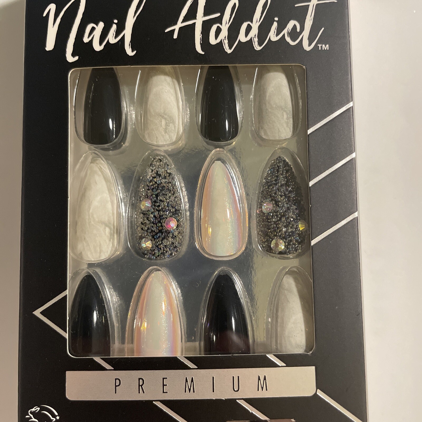 ARDELL Nail Addict Premium 28 Nails Black Diamond Black Stud Marble Chrome New