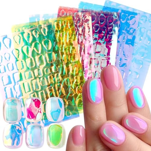 6PCS Aurora Glass Nail Foil Sheets Laser Nail Stickers 3D Reflective Mirror