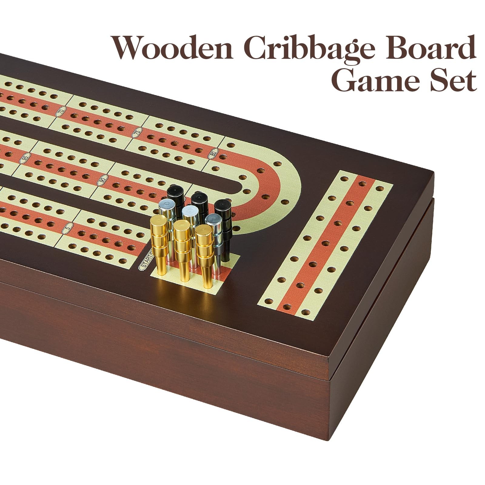 BIVOMON Cribbage Board Game Set Continuous 3 15 x 4 x 2 inches, Brown+classic