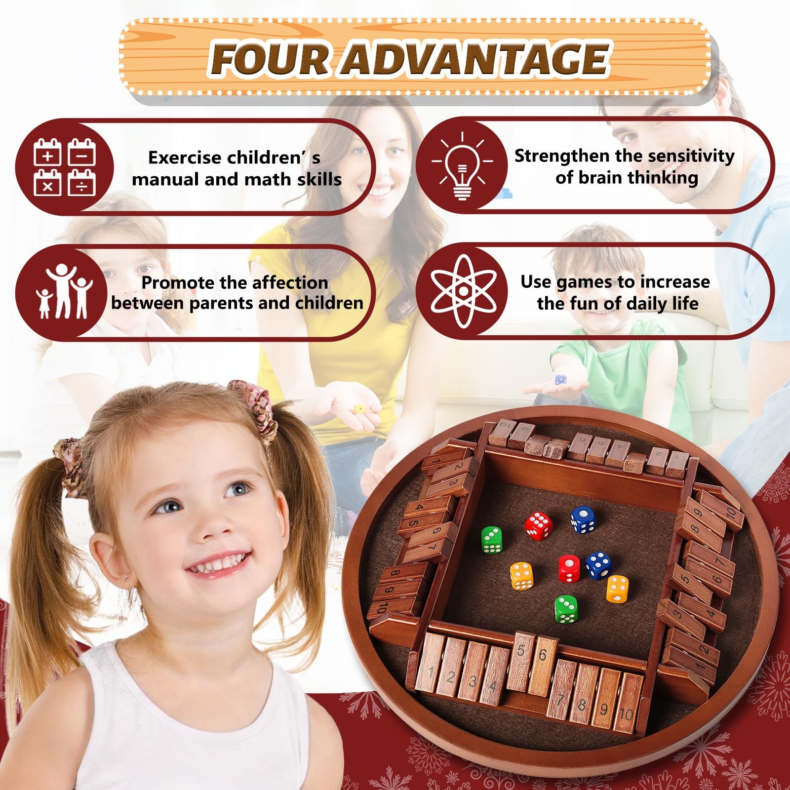 Shut The Box Dice Game,2-4 Player Family 11.2 inches x inches, Brown