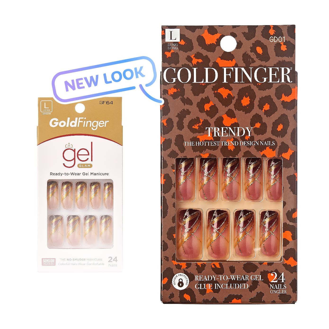 Gold Finger Gel Glam Press on Nail Dark Brown Glitter 26 Piece Set, Gold,Pink