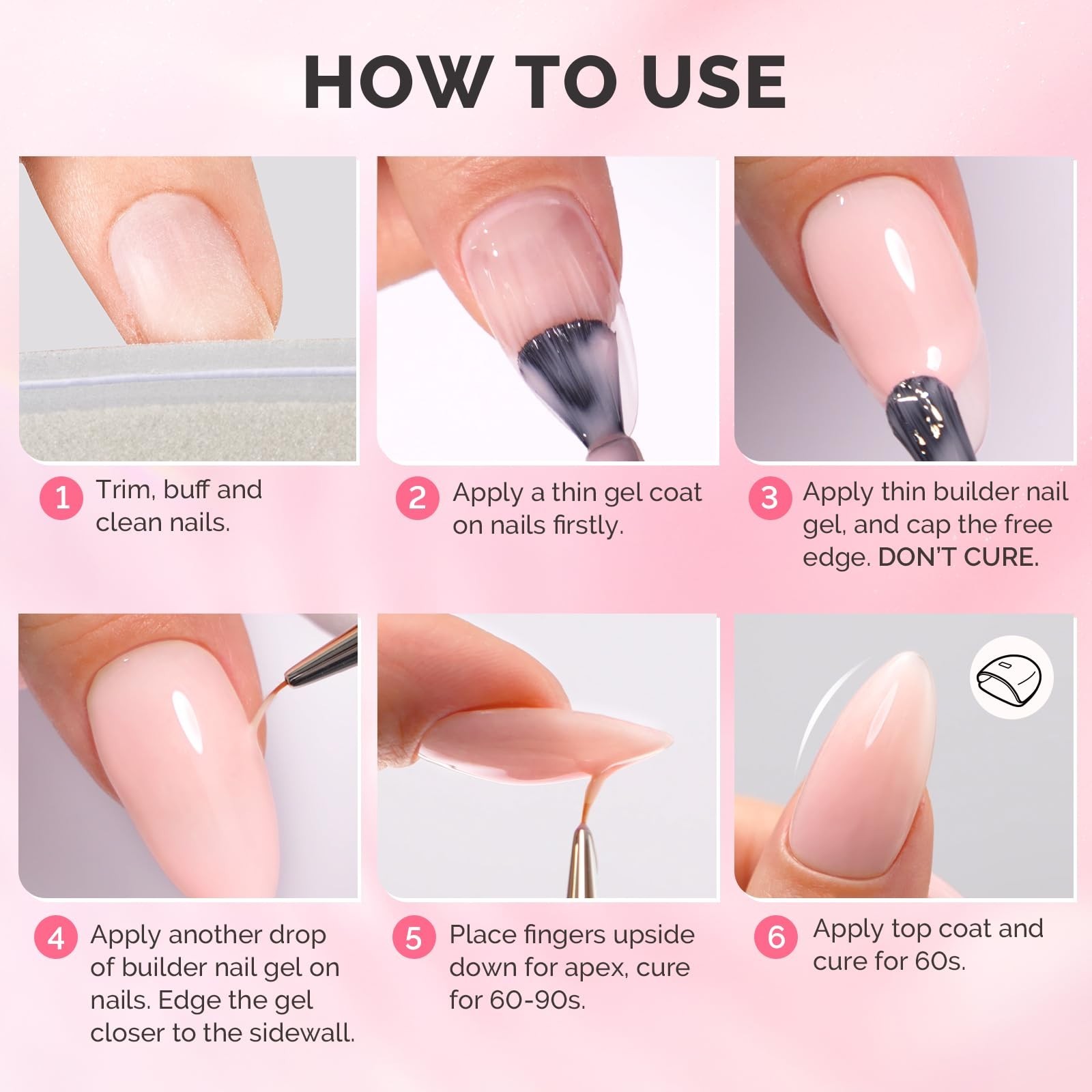 6PCS Builder Gel Nail Set – Thick Pink Base, Clear Rubber Gel, Soak Off UV, Rhin