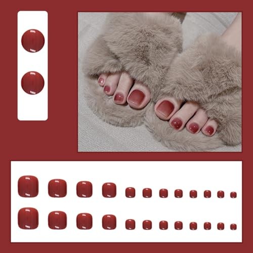 24 PCS Burgundy Short Square Toe Press on Nails,Glossy Wine Red Short Square