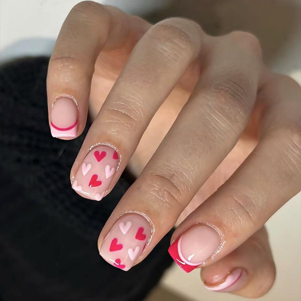 Heart Press on Nails Short Square Fake Nails Pink French Tip False Nails Cute…