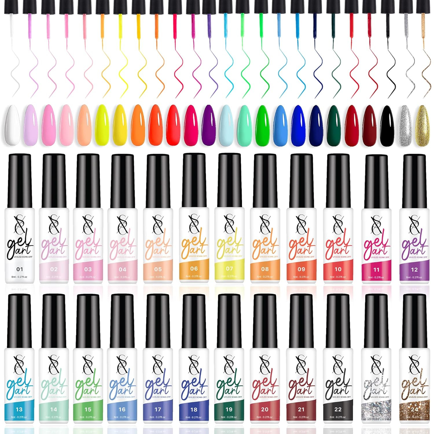 Cosmetics 24-Color Gel Liner Set for Nail Art – with Built-In Thin Brush for Swi