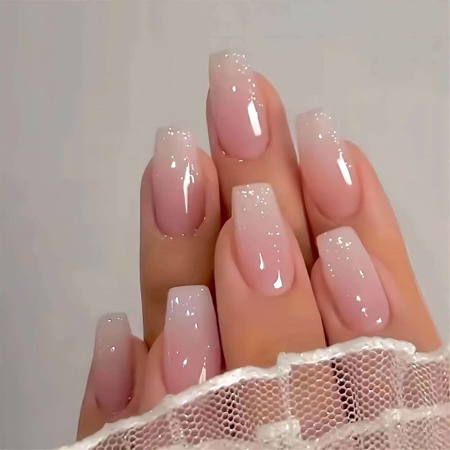24 Pcs Ombre Glitter Coffin Press On Nails – Glossy Art Deco Design