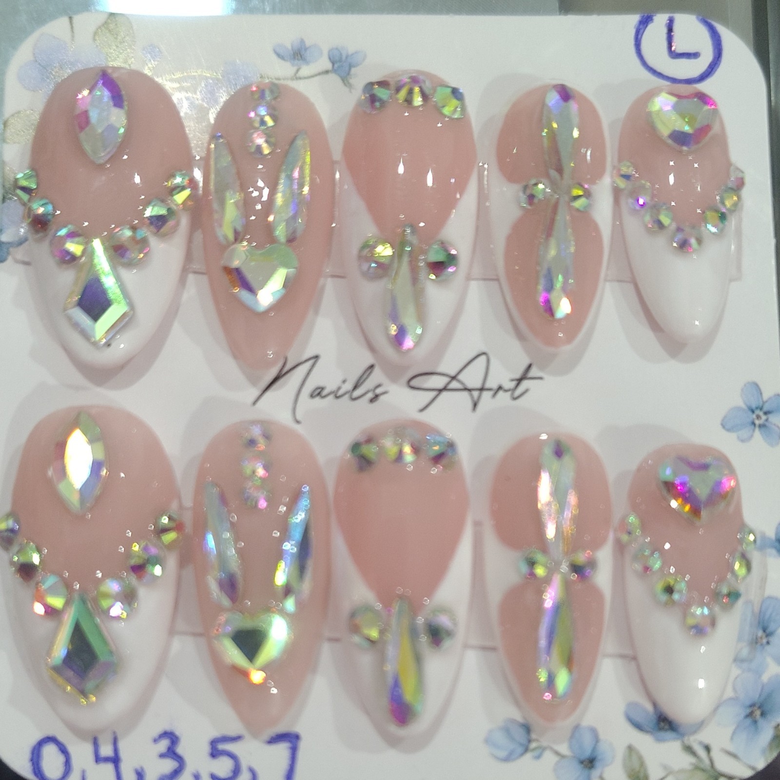3D Rhinestone Press-On Nails Pink White Long Almond Full Cover Size Large